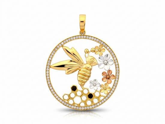 Zawieszka złota duża okrągła pszczoła kwiaty plastry miodu