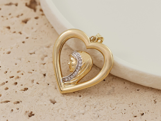 Zawieszka złota duży medalik serce z Matką Bożą