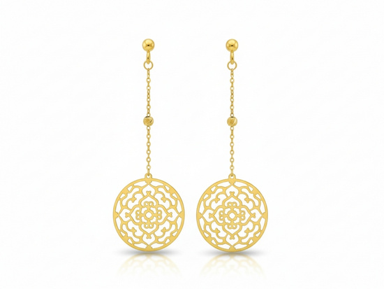 Kolczyki złote wiszące ażurowe koła na łańcuszku