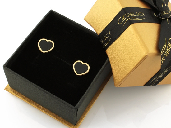 Kolczyki złote serca na sztyfcie z czarnym kamieniem