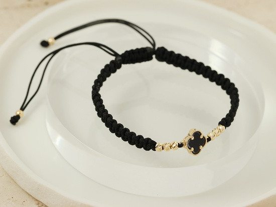 Bransoletka złota modny kwiatek i złote kulki na czarnym sznurku