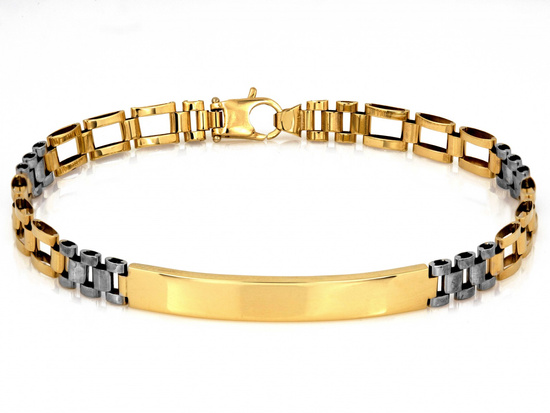 Bransoletka złota z dwukolorowych elementów z blaszką pod grawer