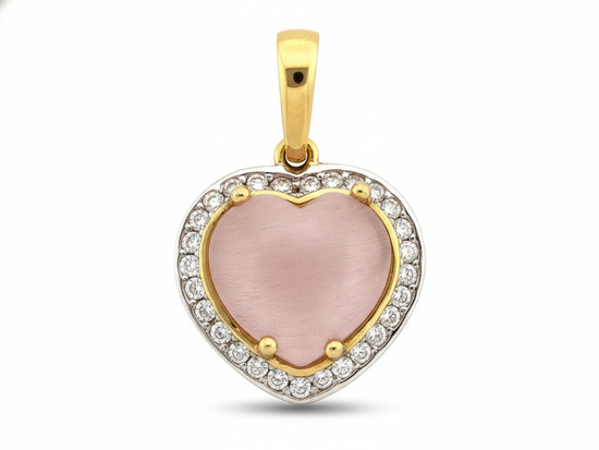 Zawieszka złota serce z różowym kwarcem i cyrkoniami