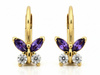 Kolczyki złote angielskie z motylkiem z fioletowymi cyrkoniami