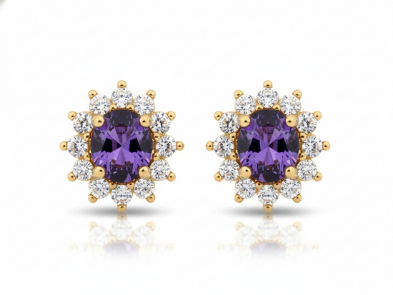 Kolczyki złote okrągła markiza na sztyfcie z fioletowym kamieniem