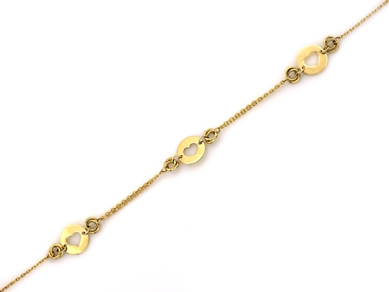 Złota bransoletka z łańcuszków ozdoby z wycinanymi sercami