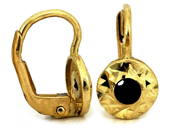 Złote kolczyki angielskie okrągłe z czarną cyrkonią