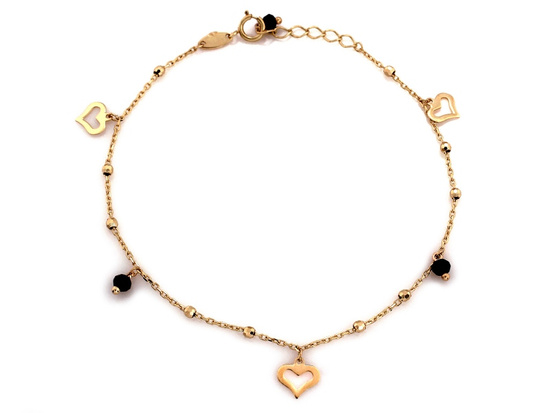 Złota bransoletka delikatna łańcuszkowa z sercami i czarnymi kamieniami