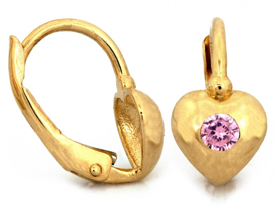 Kolczyki złote angielskie z sercem z różowym kamieniem