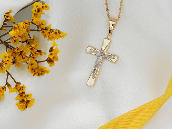 Złoty dwukolorowy krzyżyk zawieszka wisiorek