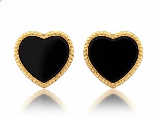 Kolczyki złote serca na sztyfcie z czarnym kamieniem syntetycznym