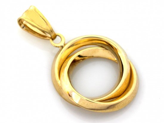 Złota zawieszka z dwóch obręczy z czarnymi i białymi cyrkoniami 