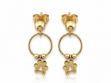 Delikatne złote kolczyki małe kółeczka z wisząca łapą psa