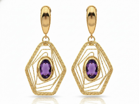 Kolczyki złote duże wiszące ażurowe z ametystem