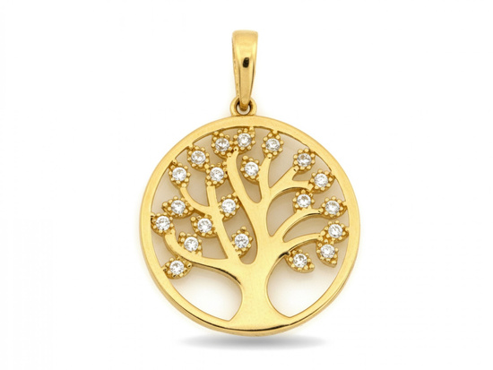 Zawieszka złota okrągła z drzewkiem szczęścia z cyrkoniami