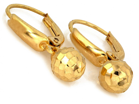 Kolczyki złote angielskie wiszące z błyszczącą kulką