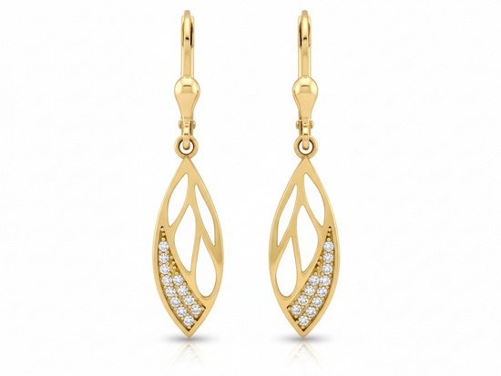 Kolczyki złote wiszące sztywne długie z cyrkoniami