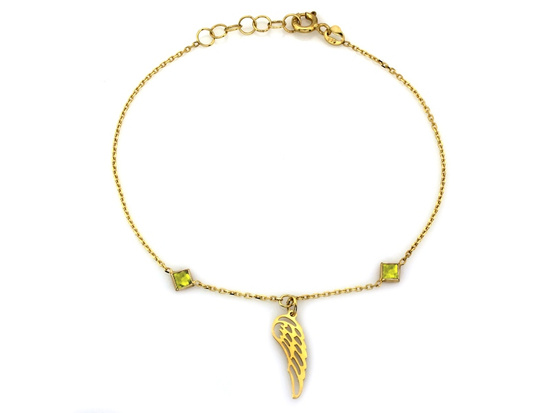 Złota bransoletka ze skrzydłem i zielonymi kamieniami