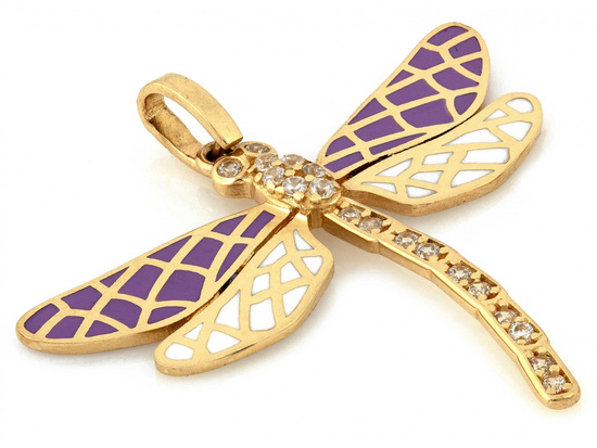 Zawieszka złota ważka z cyrkoniami z emaliowanymi skrzydłami