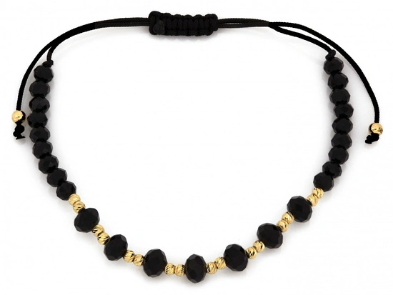 Bransoletka złote kulki i czarne onyksy na czarnym sznurku