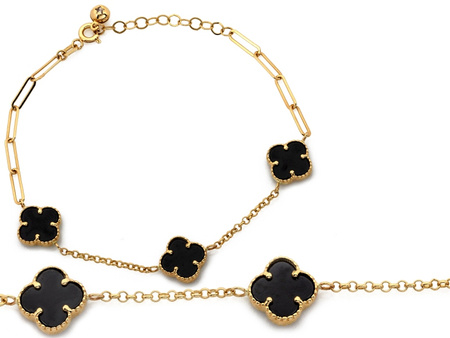 Bransoletka złota trzy czarne kwiatki kamienie syntetyczne