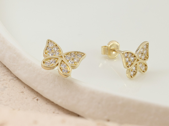 Kolczyki złote motyl z cyrkoniami na sztyfcie