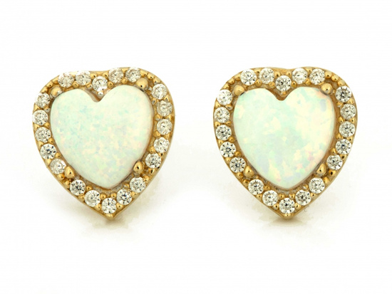 Kolczyki złote serca przy uchu z opalem