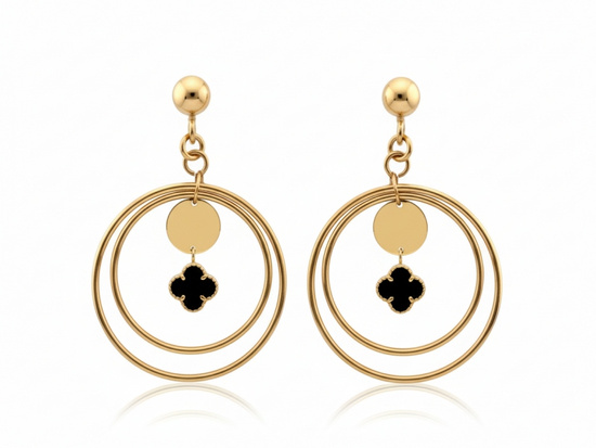 Kolczyki złote wiszące z czarnym kwiatkiem
