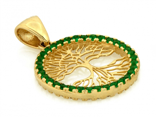 Zawieszka złota ażurowa z drzewkiem szczęścia z zielonymi cyrkoniami