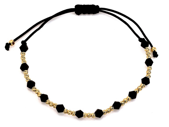 Bransoletka złote kulki i czarne onyksy na czarnym sznurku