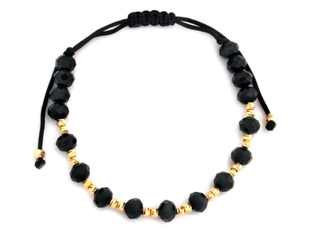 Bransoletka złote kulki i czarne onyksy na czarnym sznurku