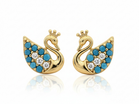 Kolczyki złote niebieski łabędź w koronie na sztyfcie
