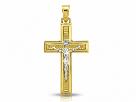 Dwukolorowy krzyżyk złoty z wizerunkiem Jezusa