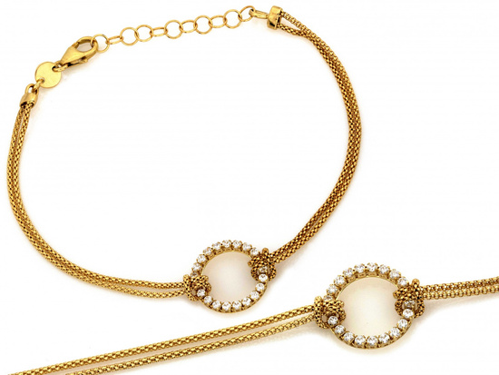 Złota bransoletka podwójny łańcuszek obręcz z cyrkoniami