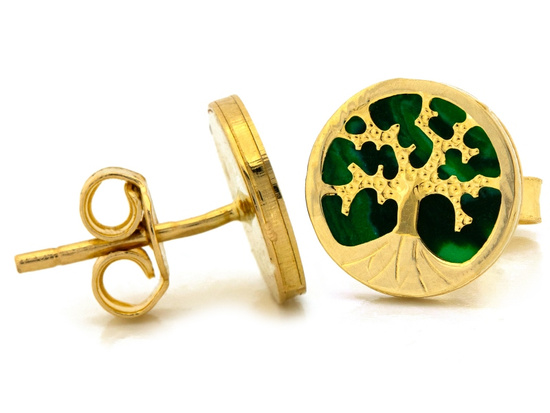 Kolczyki złote na sztyfcie drzewko szczęścia z malachitem