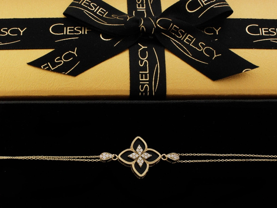 Złota bransoletka podwójny łańcuszek kwiatek z cyrkoniami i onyksami