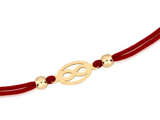Bransoletka złota delikatna nieskończoność na czerwonym sznurku