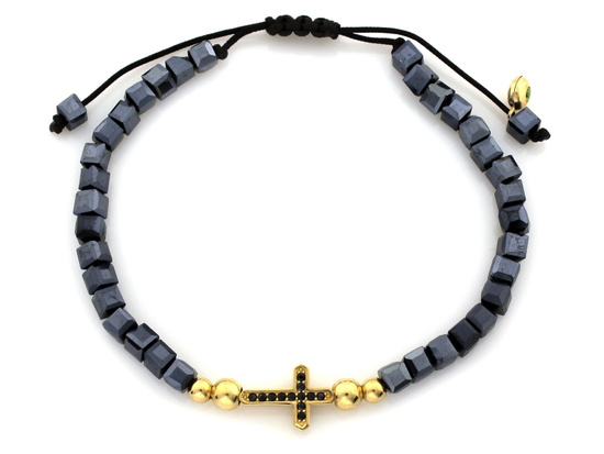 Bransoletka złota krzyżyk z cyrkoniami i kostki z hematytu na sznurku