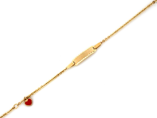 Złota bransoletka dla dziecka z satynowaną blaszką i emaliowanym sercem