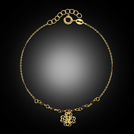 Złota bransoletka 585 ażurowa koniczynka z kulkami z onyksu