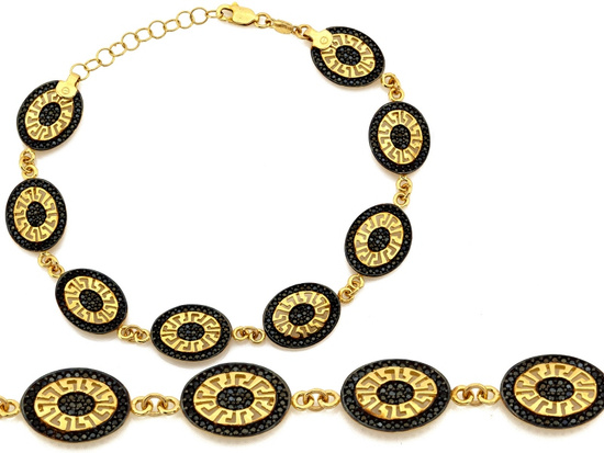 Bransoletka złota duże owalne elementy z czarnymi cyrkoniami