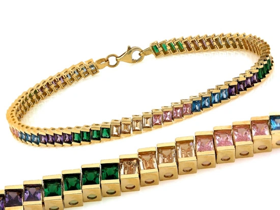 Bransoletka złota prostokątne elementy z kolorowymi cyrkoniami