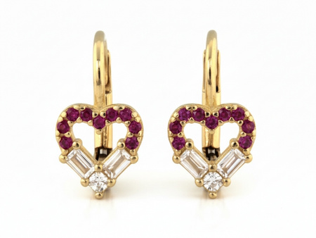 Kolczyki złote angielskie z sercami z czerwonymi cyrkoniami