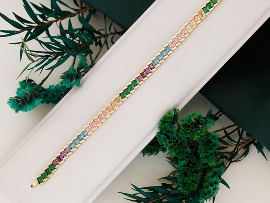 Bransoletka złota prostokątne elementy z kolorowymi cyrkoniami