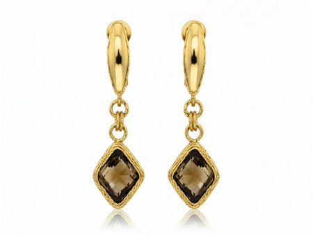 Kolczyki złote z kwarcem dymnym z wiszącym rombem