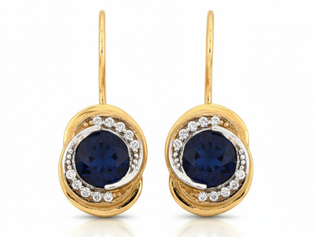 Kolczyki złote na biglu z szafirem syntetycznym i cyrkoniami
