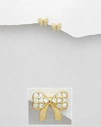 Srebrne kolczyki pokryte złotem z diamentowymi cyrkoniami - kokardki