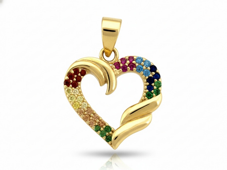 Złote serduszko zawieszka zdobiona kolorowymi cyrkoniami