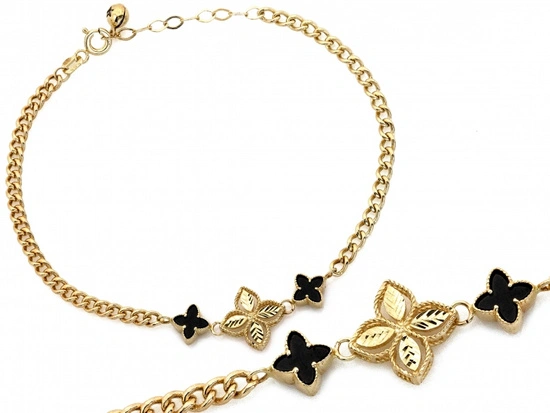 Bransoletka złota modna ekskluzywna czarne kwiatki koniczynki