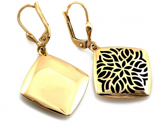 Kolczyki złote wiszące kwadraty z czarną emalią